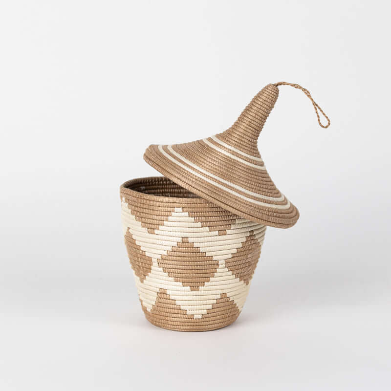 Sisal Peace Basket in Chevron, Handwoven Basket with Lid