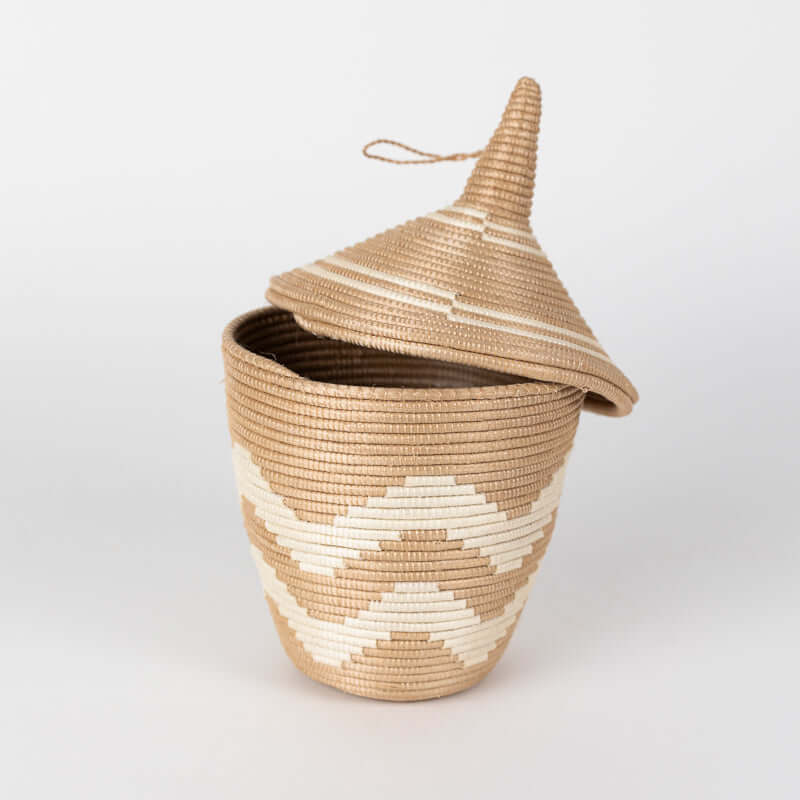 Sisal Peace Basket in Chevron, Handwoven Basket with Lid