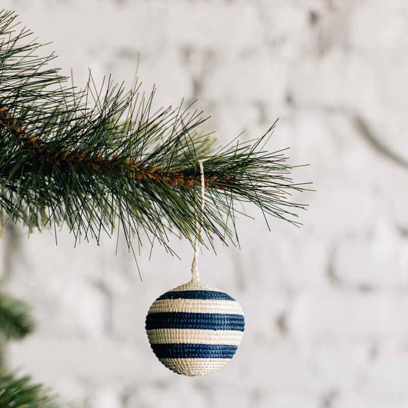 Striped Woven Ball Ornament - Blue | Christmas Tree Décor, Artisan-made 