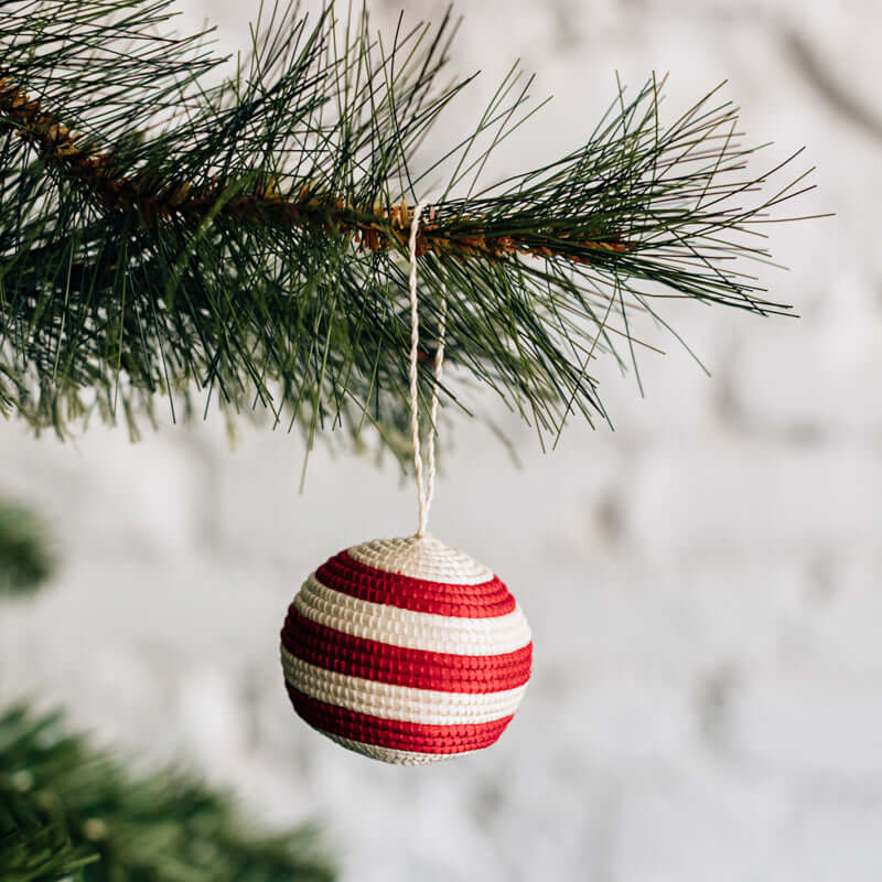 Striped Woven Ball Ornament | Red Christmas Tree Décor, Artisan-made