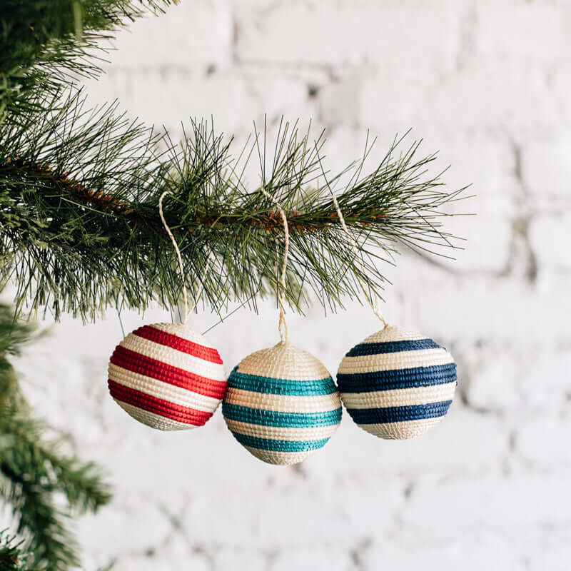 Striped Woven Ball Ornament | Christmas Tree Décor, Artisan-made 