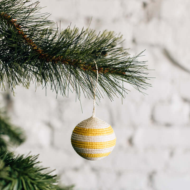 Striped Woven Ball Ornament - Yellow | Christmas Tree Décor, Artisan-made 
