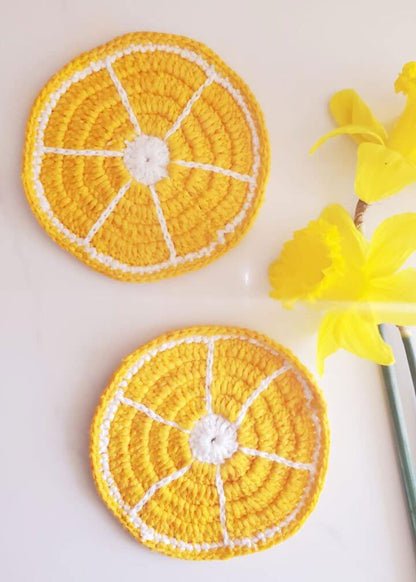 Sliced Lemon Crochet Coaster – Handmade – Set of 2 or 4 | 100% Cotton