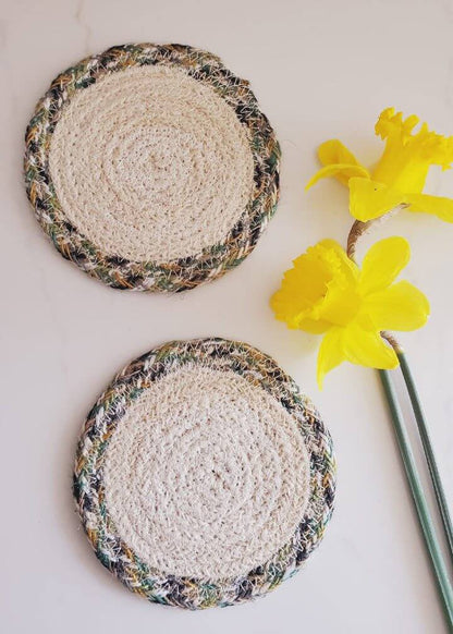 Hand Braided Eco-Friendly Jute Coaster Set of 2 or 4- Natural with Assorted Color Border