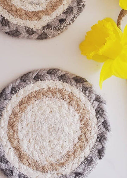 Hand Braided Eco-Friendly Jute Coaster Set of 2 or 4- Natural, Grey, Beige