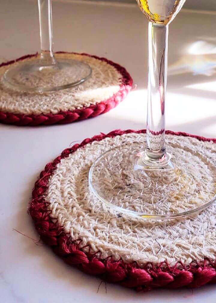 Hand Braided Eco-Friendly Jute Coaster Set of 2 or 4- Natural with Red Border