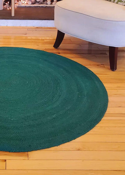 Hand-braided Round Jute Rug in Solid Green color, Boho Home Décor