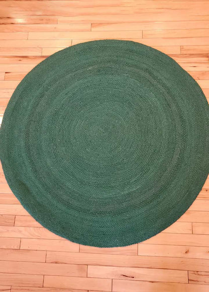 Hand-braided Round Jute Rug in Solid Green color, Boho Home Décor
