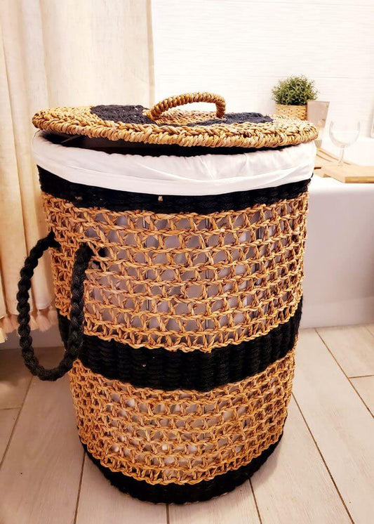 Seagrass and Black Jute Laundry Basket with Lid | Handmade by Artisans