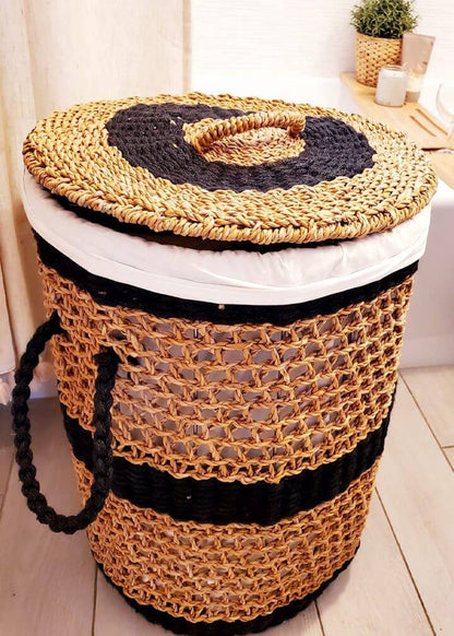 Seagrass and Black Jute Laundry Basket with Lid | Handmade by Artisans